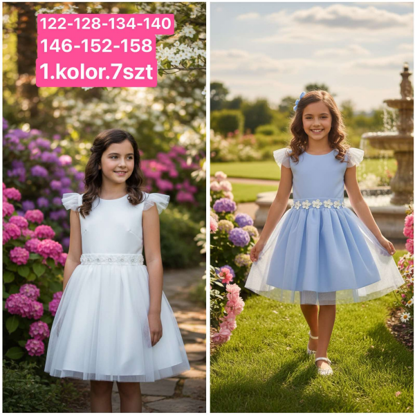 Sukienki dziewczęce Roz 122-158, 1 kolor Paczka 7 szt